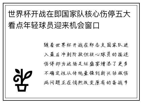 世界杯开战在即国家队核心伤停五大看点年轻球员迎来机会窗口