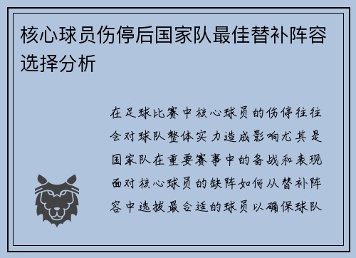 核心球员伤停后国家队最佳替补阵容选择分析
